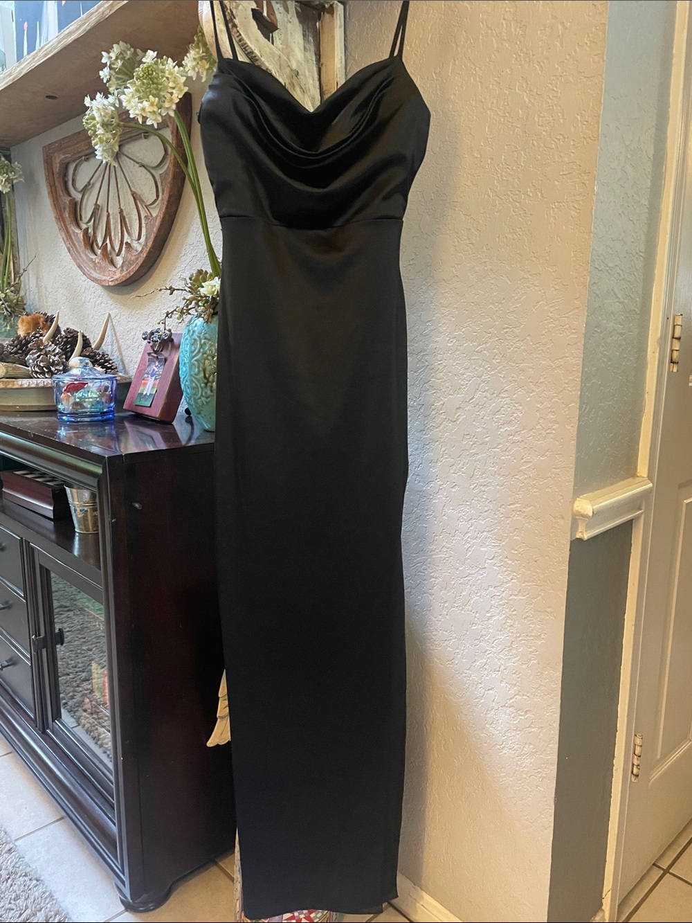 Windsor Black Satin Cowl Neck Maxi Dress with Spaghetti Straps